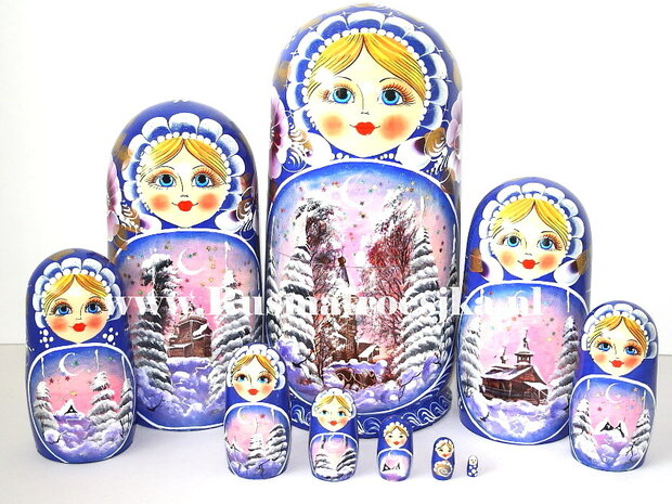 Matroesjka 'Winternacht' blauw, 10-delig