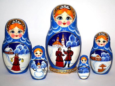 Matroesjka 'Winter' (blauw), 5-delig